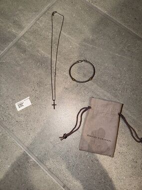 David Yurman Childs Sterling Silver and Gold Cable Bracelet Cross Necklace Set